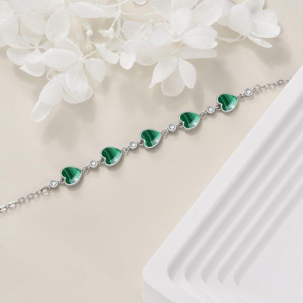 Sterling Silver Heart Malachite Chain Bracelets-3