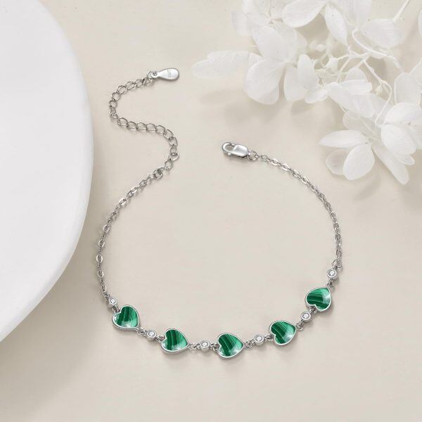 Sterling Silver Heart Malachite Chain Bracelets-4