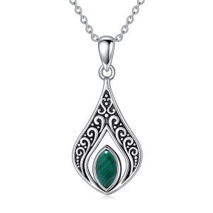 Sterling Silver Filigree Teardrop Vintage Malachite Pendant Necklace-0