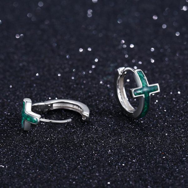 Sterling Silver Malachite Cross Hoop Earrings-4