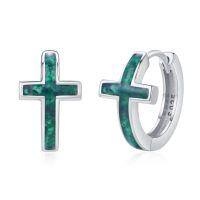 wholesale 925 Sterling Silver Green Malachite Cross Stud Hoop Earrings s for Women Girls- Rhodium Plated