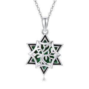 Sterling Silver Star of David Malachite & Tree of Life Pendant Necklace-0