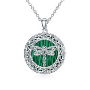 Sterling Silver Celtic Knot Dragonfly Malachite Pendant Necklace-0