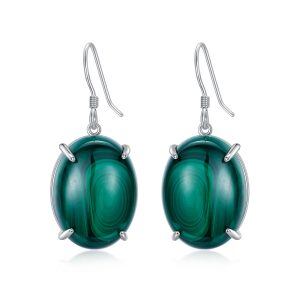 Sterling Silver Oval Malachite Dangle Earrings-0