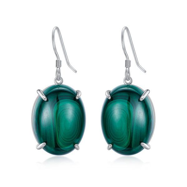 Sterling Silver Oval Malachite Dangle Earrings-0