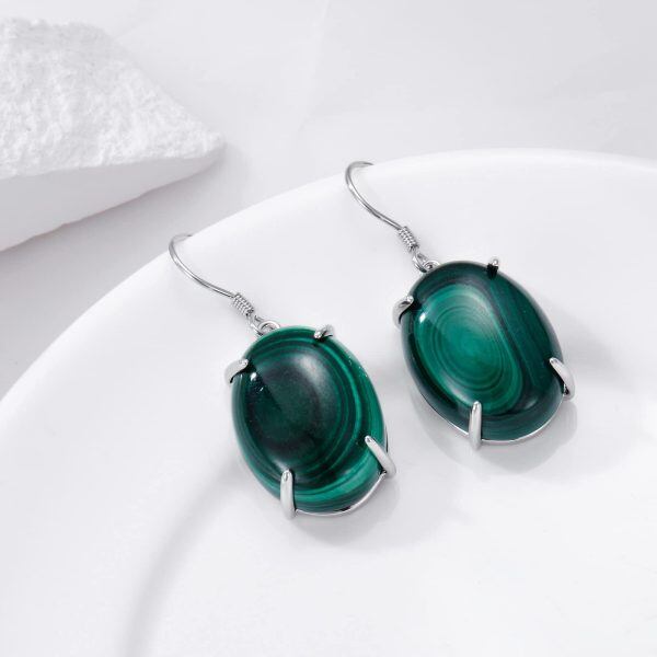 Sterling Silver Oval Malachite Dangle Earrings-3