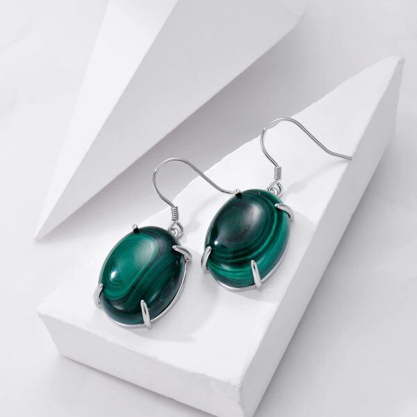 Sterling Silver Oval Malachite Dangle Earrings-4