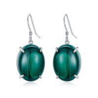 wholesale 925 Sterling Silver Malachite Green Oval Dangle Earrings - Elegant s for Women & Teenage Girls- Rhodium Plated