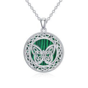 Sterling Silver Celtic Knot Butterfly Malachite Pendant Necklace-0