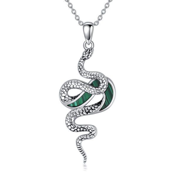 Sterling Silver Snake Pendant Necklace with Malachite-0