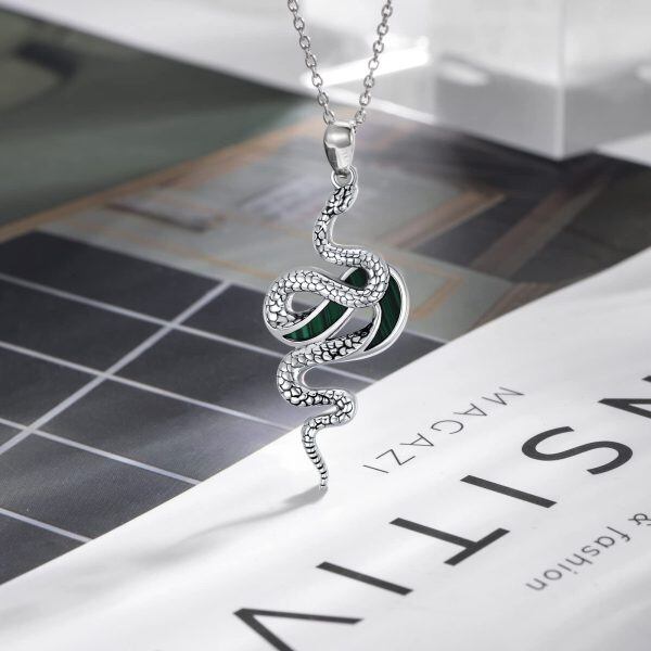 Sterling Silver Snake Pendant Necklace with Malachite-3