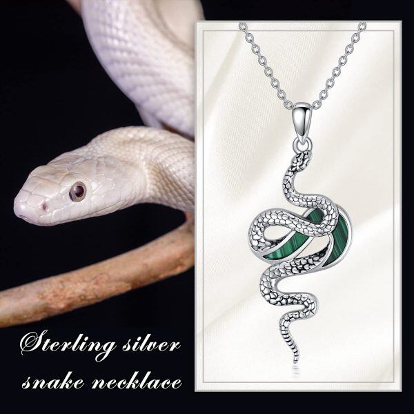 Sterling Silver Snake Pendant Necklace with Malachite-5