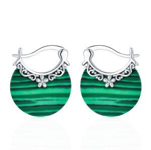 Sterling Silver Created Malachite Flower Filigree Huggie Earrings-0