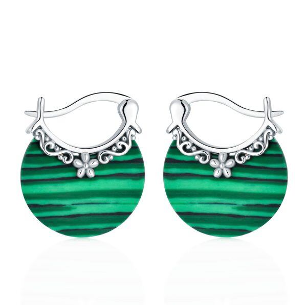 Sterling Silver Created Malachite Flower Filigree Huggie Earrings-0