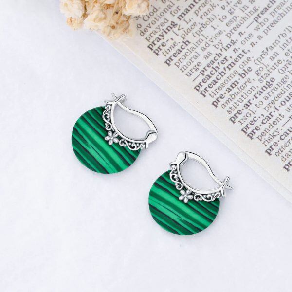 Sterling Silver Created Malachite Flower Filigree Huggie Earrings-4