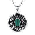 wholesale 925 Sterling Silver Hamsa Hand of Fatima Pendant Necklace with Green Simulated Malachite Stone for Women and Men-0-0