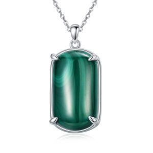 Sterling Silver Oval Malachite Pendant Necklace-0