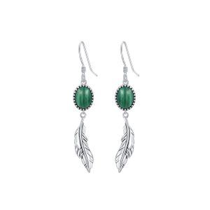 Sterling Silver Feather Malachite Dangle Earrings-0