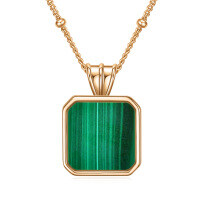 wholesale Gold-Plated 925 Sterling Silver Green Malachite Square Pendant Necklace for Women and Girls- Gold Plated