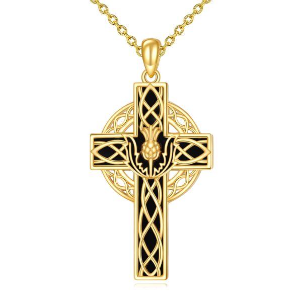 Sterling Silver Scottish Thistle Cross Onyx Pendant Necklace-0