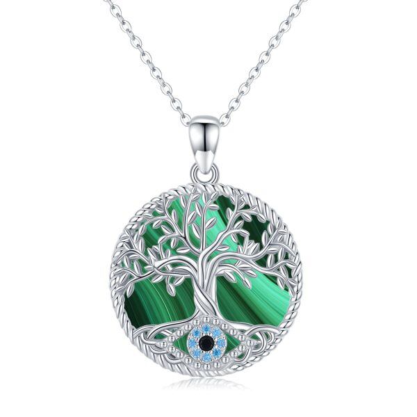 Sterling Silver Tree of Life Evil Eye Malachite Pendant Necklace-0