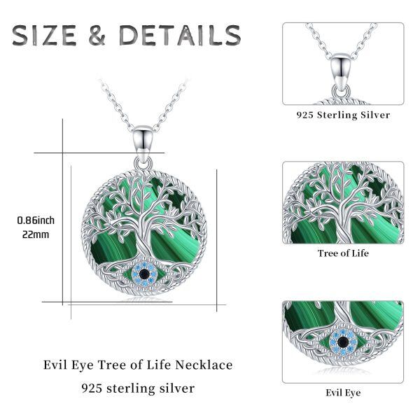 Sterling Silver Tree of Life Evil Eye Malachite Pendant Necklace-1