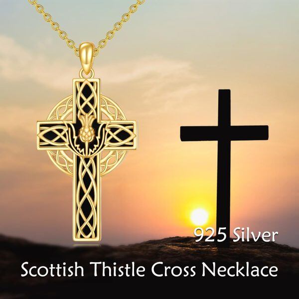 Sterling Silver Scottish Thistle Cross Onyx Pendant Necklace-5