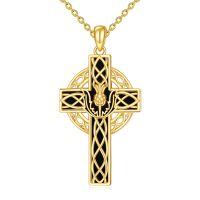 wholesale Gold 925 Sterling Silver Celtic Knot Cross Pendant & Chain Set with Black Enamel - Irish Religious Jewelry for Women Men- Gold Plated