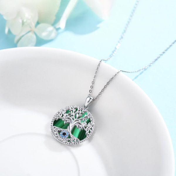 Sterling Silver Tree of Life Evil Eye Malachite Pendant Necklace-4