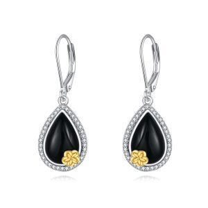 Sterling Silver Flower Black Onyx Dangle Earrings-0