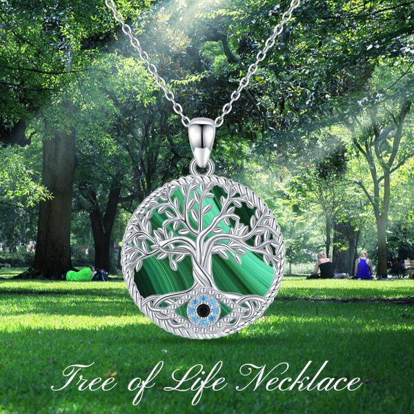 Sterling Silver Tree of Life Evil Eye Malachite Pendant Necklace-6