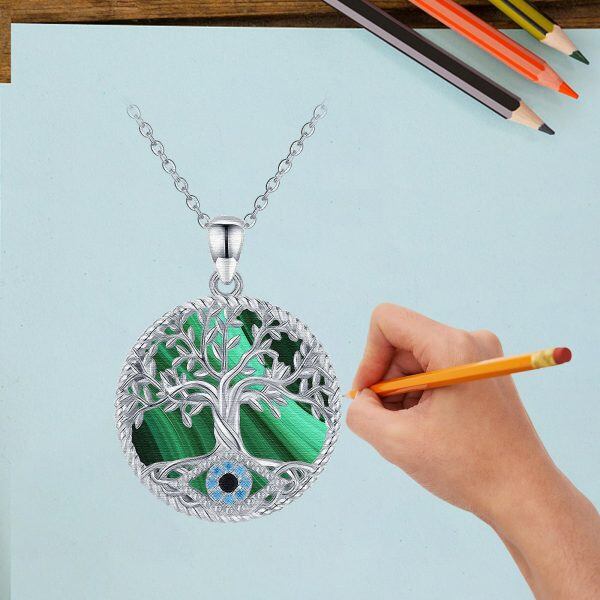 Sterling Silver Tree of Life Evil Eye Malachite Pendant Necklace-7