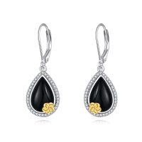 wholesale 925 Sterling Silver Black Onyx Teardrop Flower Pendant Necklace for Women Girls- Rhodium And Gold Plated