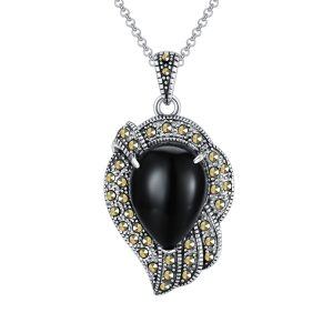 Sterling Silver Oxidized Teardrop Onyx Pendant Necklace-0