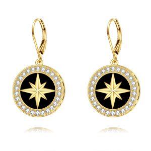 Sterling Silver Black Onyx Star Round Dangle Earrings-0