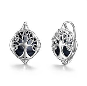 Sterling Silver Tree of Life Huggie Earrings with Onyx & Jade-0