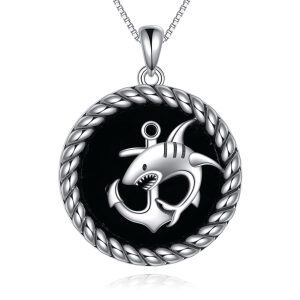 Sterling Silver Anchor Shark Onyx Pendant Necklace-0