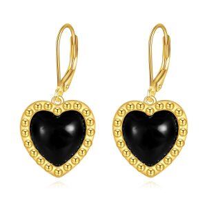 Sterling Silver Heart Onyx Dangle Earrings-0