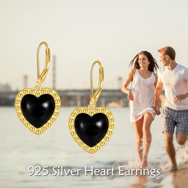 Sterling Silver Heart Onyx Dangle Earrings-5