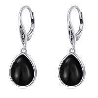 wholesale 925 Sterling Silver Teardrop Black Stone Leverback Drop Dangle Earrings- Rhodium Plated