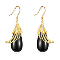 wholesale Gold-Plated 925 Sterling Silver Black Onyx Angel Wings Dangle Earrings for Women and Girls- Gold Plated