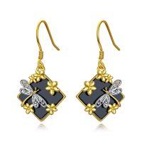 wholesale 925 Sterling Silver Black Onyx Dragonfly Flower Earrings for Women and Girls- Rhodium And Gold Plated