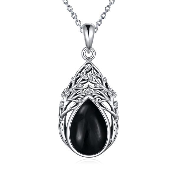 Sterling Silver Teardrop Tree of Life Onyx Pendant Necklace-0