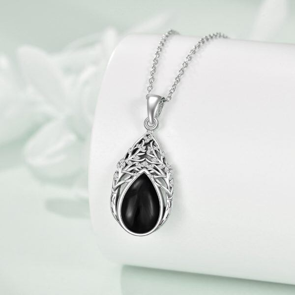 Sterling Silver Teardrop Tree of Life Onyx Pendant Necklace-3