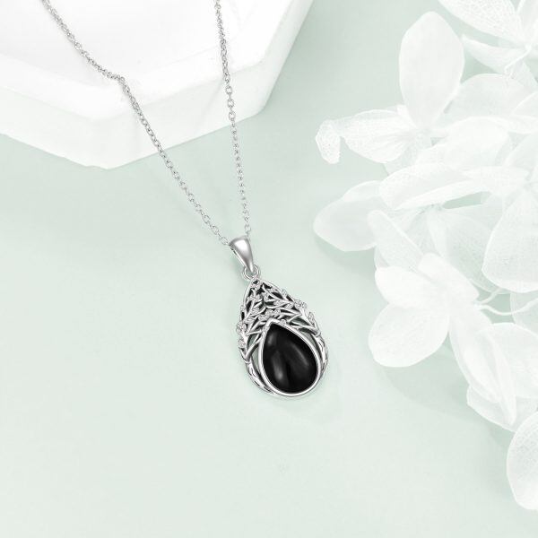 Sterling Silver Teardrop Tree of Life Onyx Pendant Necklace-4