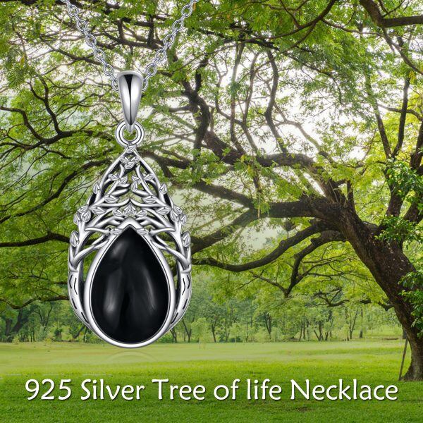 Sterling Silver Teardrop Tree of Life Onyx Pendant Necklace-5