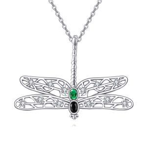 Sterling Silver Hollow Dragonfly Pendant Necklace with Onyx-0