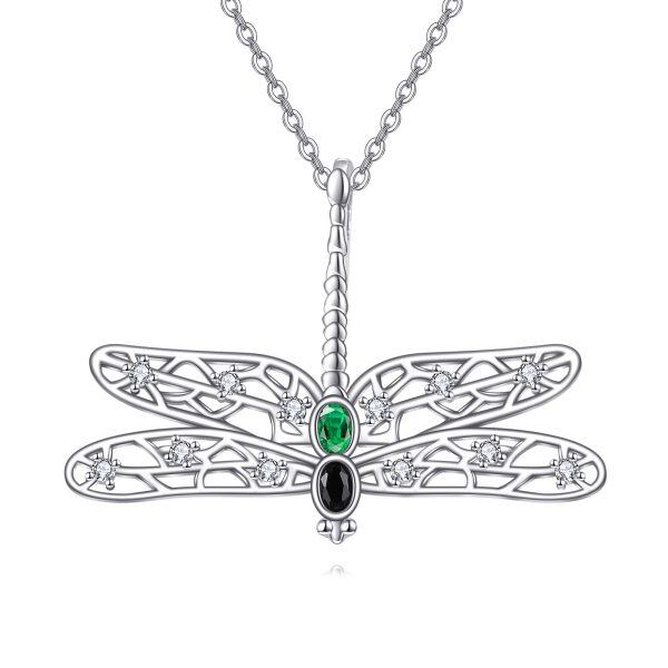 Sterling Silver Hollow Dragonfly Pendant Necklace with Onyx-0