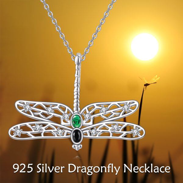 Sterling Silver Hollow Dragonfly Pendant Necklace with Onyx-5