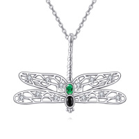 wholesale 925 Sterling Silver Black Onyx & Green Cubic Zirconia Dragonfly Pendant Necklace for Women- Rhodium Plated